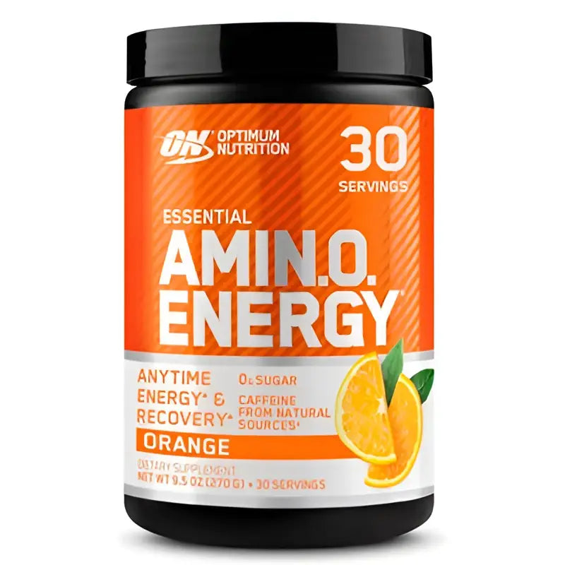 Envase cilíndrico naranja de optimum nutrition essential amino.energy con tapa negra y 30 porciones detalladas en la etiqueta